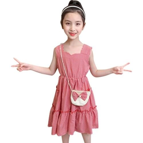 Dresses For Girls Plaid Pattern Girl Child Dress 2021 Summer Kids Dress Casual Style Clothes Girl Free Bag