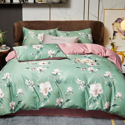 Papa&Mima Green Blossom Flowers Floral Bedding Sets Satin Polyester Bedlinens Queen King Duvet Cover Set Pillowcases