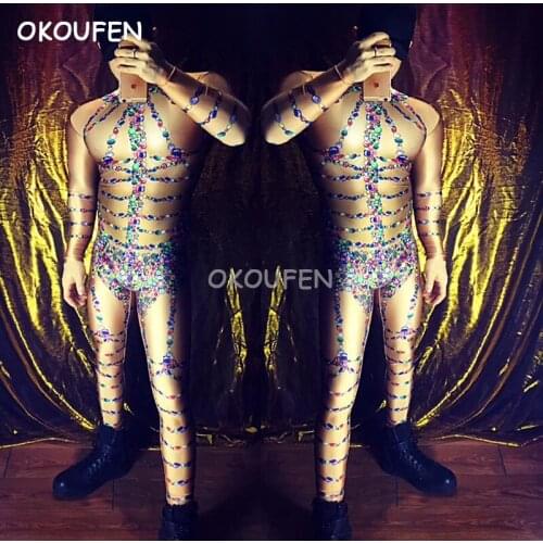 Sexy Mens Cool 3d muscle diamonds Leggings jumpsuits costumes Nightclub bar male singer dancer stage show wear stretch bodysuit