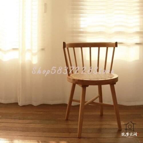 Nordic Solid Wood Rattan Back Family Dining Chair, Armchair, Make-up Chair, Designer Simple Single Retro Study Desk And Chair