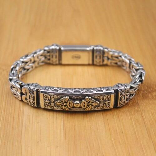 Pure 925 Sterling Silver Bangle Double Row 12.5mm Width Carved Vajra Pattern Link Chain Bracelet Men Gift 66-67g / 8.3inch