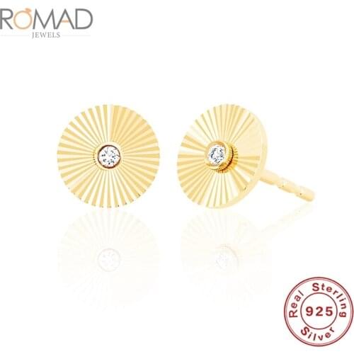 ROMAD 100% Silver 925 Stud Earrings European And American Women Girls Fashion Diamond Channel-Set Disc Earrings Aretes De Mujer