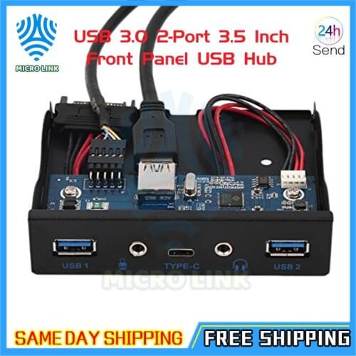 USB 3.0 2-Port 3.5 Inch Front Panel USB Hub with 1 HD Audio Output Port/1 Microphone Input Port/1 USB 3.1 Type C Port for Deskto