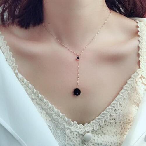 Hot Jewelry Black Enamel Round Pendant Necklaces Rose Gold Color Stainless Steel Lip Chain Neck Ornament Drop Shipping No Fade