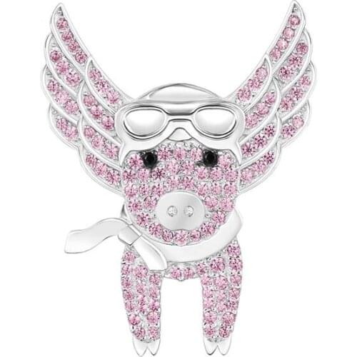 SLJELY High Quality 925 Sterling Silver Pink Flying Piggy Brooch Pave Cubic Zirconia Women Fine L'aviateur Pet Pig Jewelry