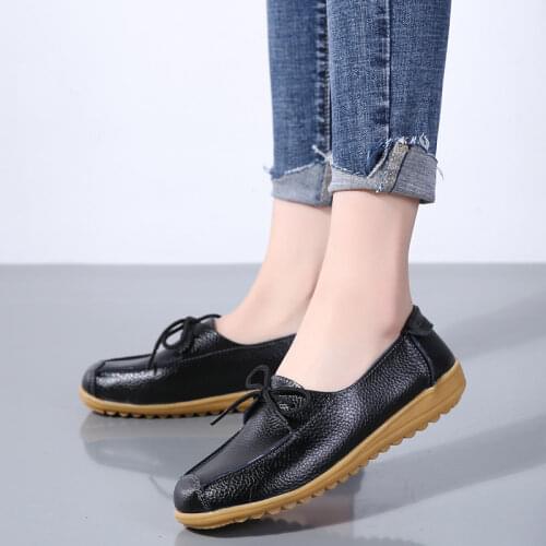Leather shoes mother shoes low-cut flat peas womens single shoes plus size lace up pregnant women casual nurse shoes