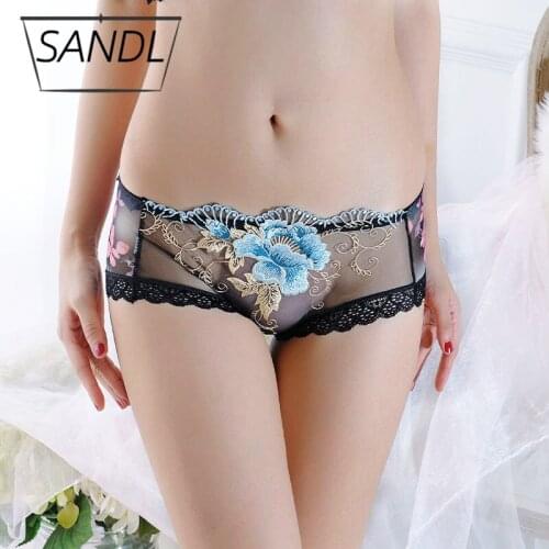 SANDL Womens Panties Sexy Lace Underwear Floral Embroidery Mid-Waist Briefs Female Breathable Underpants Plus Size Lingerie