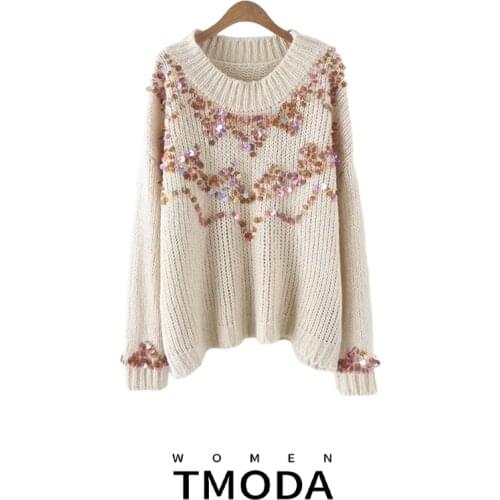 TMODA902 2021 Winter Women Pullovers Top O-neck Long Sleeve Fashion Color Sequins Decoration Loose Pull Over Sweater Women