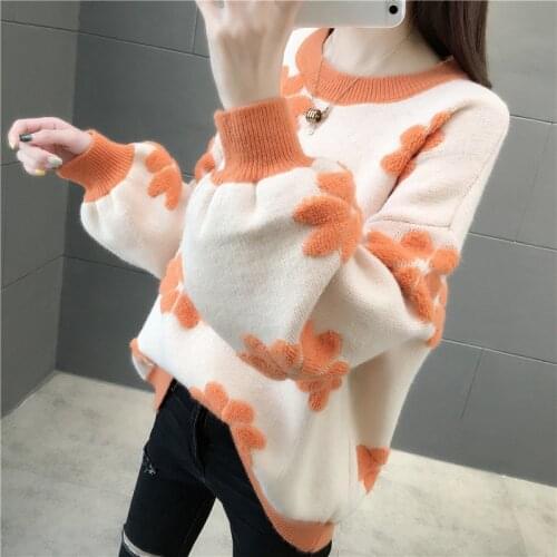 2021 womens sweater spring and autumn solid color embroidery long-sleeved round neck knit thick warm