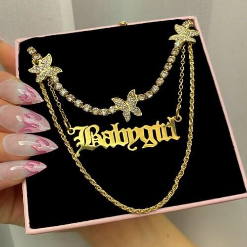 JUST FEEL Fashion Multi-layer Rope Chain Necklace For Women Babygirl Letter Pendant Butterfly Crystal Chain Necklaces Jewelry