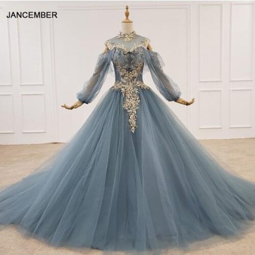 HTL1238 2020 party dresses women evening high neck long sleeve sequin pearl pattern a-line royal blue dress vestidos elegantes