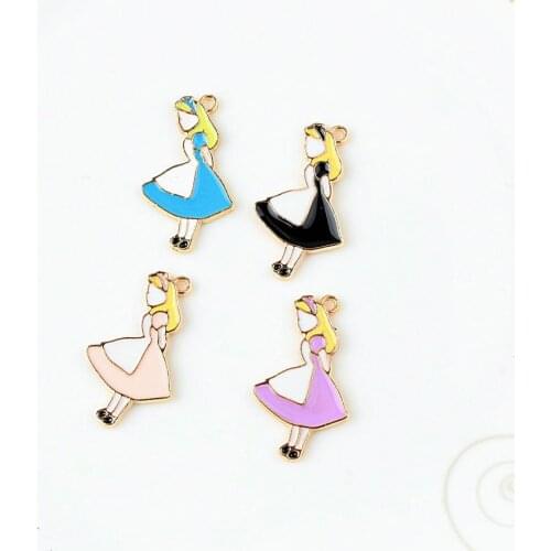 20PCS 19*33mm Cute Fairy Tale Alice Princess Enamel Charms Gold Tone Pendant Oil Drop DIY Bracelet Floating Charms