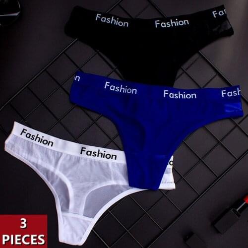 3Pcs Fashion Letter Print Mesh Womens Thongs Underwear Temptation Hollow Out Sexy Panties Cotton Crotch Female Briefs Lingerie