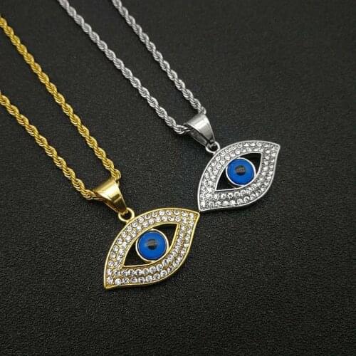 Hip Hop Iced Out Turkish Evil Eyes Pendant Necklaces Male Gold Color Stainless Steel Chains For Women Men Jewelry Dropshipping