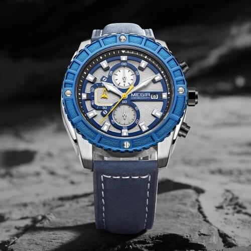 MEGIR Mens Watches Fashion Date Watch Top Brand Luxury Sport watch Men Leather Waterproof Quartz Clock Relogio masculino+Box