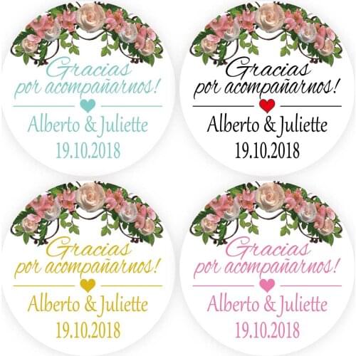DouxArt 100 Pieces Stickers Personalized Wedding Favors - Gracias por Acompanarnos, 4cm Heart Labels Communion Party Decoration