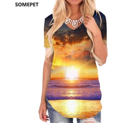 SOMEPET Sun T-shirt women Galaxy Funny T shirts Cloud T-shirts 3d Ocean V-neck Tshirt Womens Clothing Summer Printed New