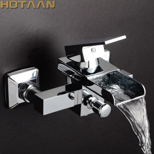 Free shipping Polished Chrome Finish New Wall Mounted Waterfall Bathroom Bathtub Handheld Shower Tap Bathtub Mixer Faucet YT5319