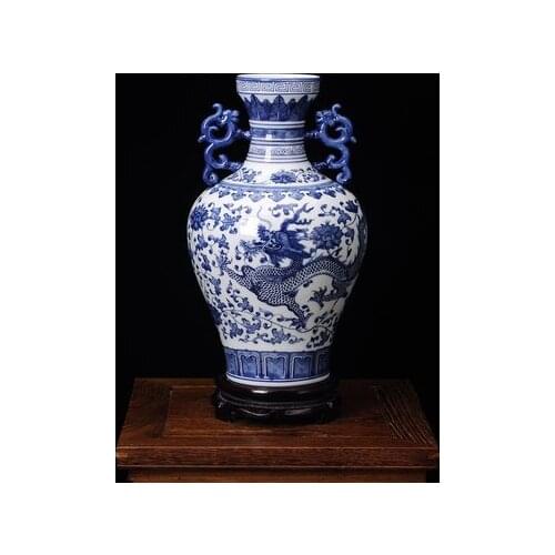 Exquisite Chinese Antique Handmade Blue and White Porcelain Dragon Designs Auspicious Ornament Vase
