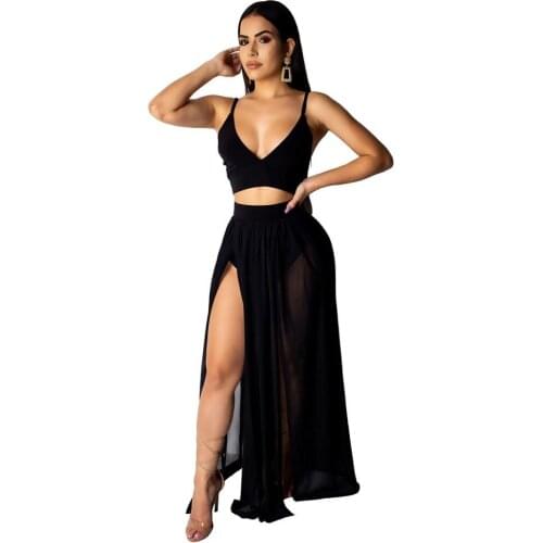 Two Piece Set Women Crop Top Sexy V Neck Chiffon Summer Dress High Slit Spaghetti Straps Nightclub Beachwear ZSC-G0182