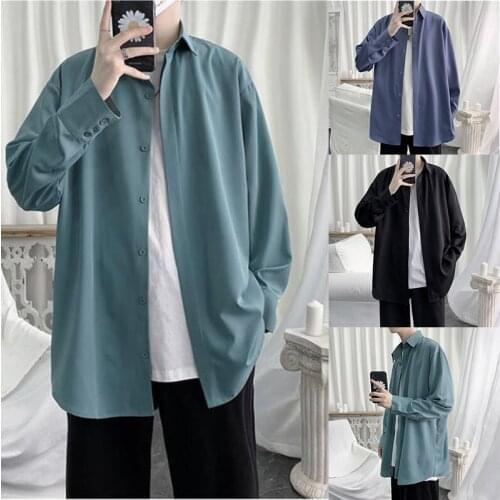 Autumn Shirts Men 2021 Loose Wild Tops Solid Single-breasted Streetwear Youth Mens Turn-down Collar Shirt Chemises Pour Hommes