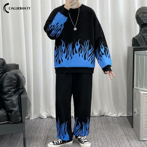 Men Flame Tracksuit Set Mens Winter Printed Autumn Outfit 2021 New Fashion Plus Size Mens Joggers Set Sport Wear Male Clothing