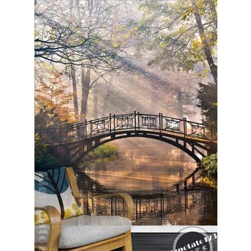 The latest 3D murals,dream sunlight landscape forest park of arch bridge . Living room sofa TV wall children bedroom wallpaper