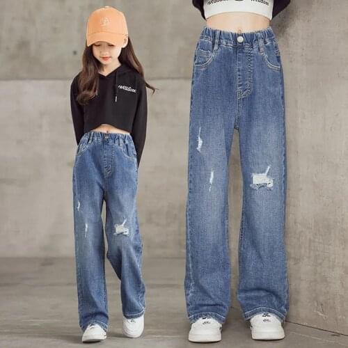 4-16 Years Teenagers Girl Pants Kids Blue Hole High Waist Wide Leg Blue Jeans For Girls Loose Denim Toursers Children Jeans 8 12