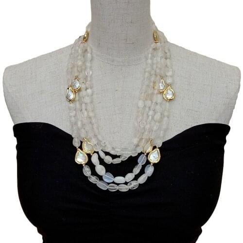 YYGEM Natural 5 Strands Freeform Moonstone Cultured Teardrop White Freshwater Pearl Necklace 22"