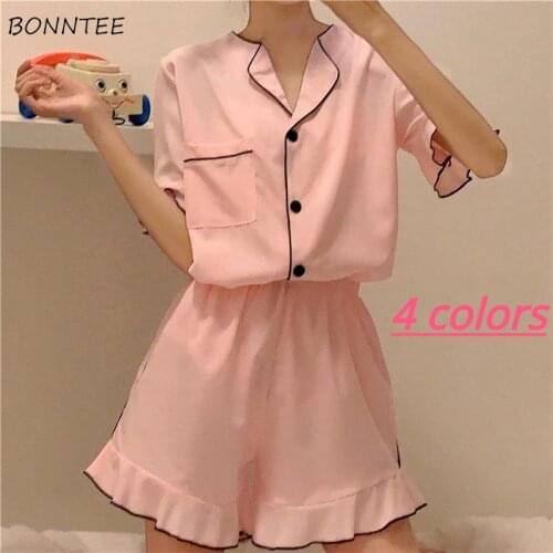 Pajama Sets Women Short Sleeve Soft Lounge Wear Summer Solid Sleepwear Feminino Clothes Breathable Lovely Girls Pockets Design