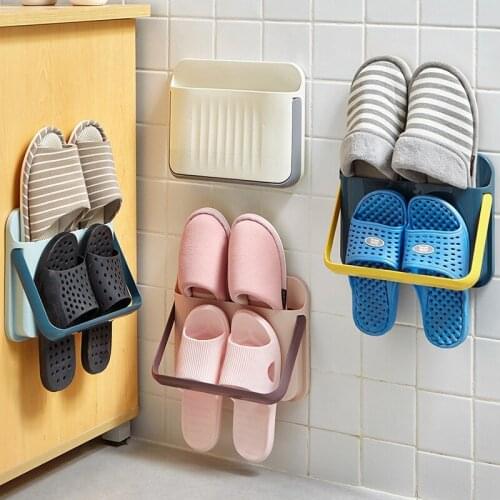 Strong Carrying Capacity No Sticky Mark Bathroom Slippers Rack Wall-Mounted Plastic Shoe Organizer Box
