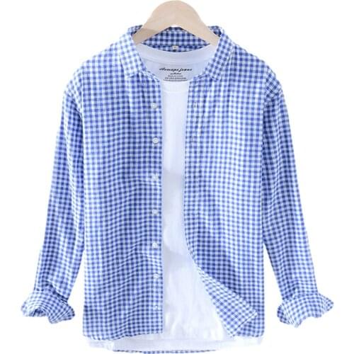 Plaid Long Sleeve Shirt for Men Cotton Linen Casual Turn-down Collar Tops Summer Japanese Fashion Retro Clothes