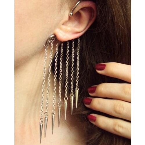 1 spiked earmuffs/gothic non-pierced earrings/long chain earrings/unusual jewelry/fake pierced earrings