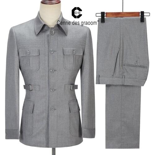 Cenne Des Graoom Grey Safari Mens Suits Tailor-Made Blazers Pants Normal Business Causal Party Singer Groom Wedding Prom V82-2