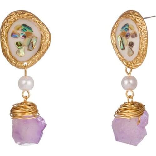 Light Yellow Gold Color Layer Irregular Shape Colorful Shell and Amethysts Stone Stud Earrings Ethnic Style Jewelry