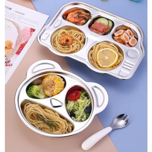 Childrens Plate Cute Bus Bear Stainless Steel Grid Plate Kids Breakfast Dinner Dinnerware Baby Food Feeding Dishes Tray