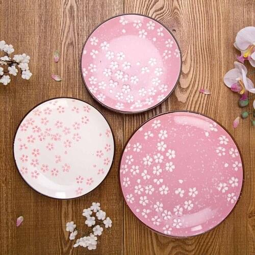 Sakura Pattern Ceramic Plate Dinner Plates Kitchen Tableware Fruit Dessert Cake Dishes Snack Steak Sushi Plate Serving Dish