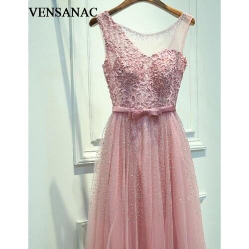 VENSANAC 2018 Crystal O Neck Bow Sash Pearls A Line Long Evening Dresses Party Lace Embroidery Backless Prom Gowns