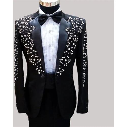YIWUMENSA Black Fit Men Suits For Wedding Groom Wear Crystals Beaded Embroidery Tuxedos Peaked Lapel Blazer Business Coat+Pant