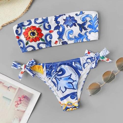 #Z40 Sexy Bandeau Bikini Set Swimwear Women Two Pieces Bathing Suits Strapless Top Bandage Print Bikinis 2020 Mujer Biquini