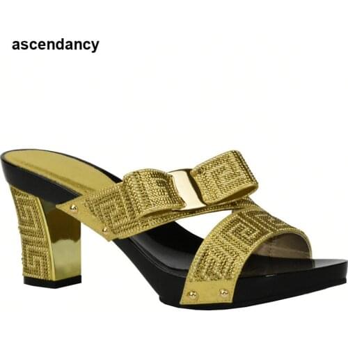 Italian Ladies Shoe for Parties Rhinestoen Women Wedding Shoes High Quality Nigerian Shoes Gold Color High Low Wedding Lady Shoe