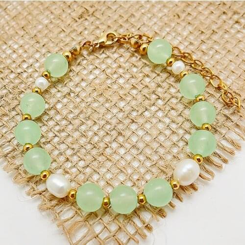 2021 Green Color Natural Stone Pearl Charm Bracelet for Women Stainless Steel Bracelet Bangle Gold Plated Chain Bracelet Luxury