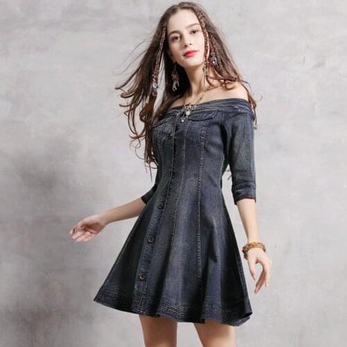 Summer Spring Woman Ladies Slash Neck Half Sleeve Slim Denim Dress , Stylish 2019 Vintage Womens Female Ruffles Jeans Dresses