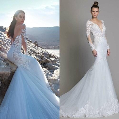 Long Sleeve Mermaid Wedding Dress with Lace Appliques Boho Backless Beach Wedding Gowns Sexy Tulle Sweep Train Vestido De Novia