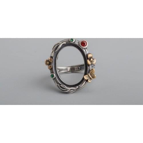 1Pcs 15x20MM Oval Flower Bezel Antiqued Solid 925 Sterling Silver Cabochon Tray DIY Adjustable Ring Settings Supplies 1223102