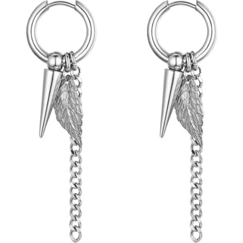 2020 Unique Hip Hop Long Chain Dangle Earrings for Men Stainless Steel Feather Rivet Chain Pendant Earrings Korean Jewelry