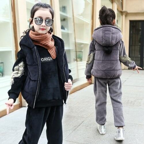 Girls Gold Velvet 3pc Clothing Sets Fashion Animal Embroidery Thickening Sweatshirt Pants and Hooded Vest Kids Girl Sport Suit