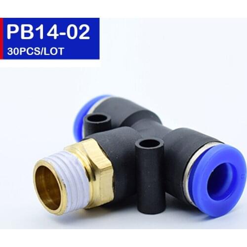 30Pcs PB14-02 Pneumatic Connectors 1/4" Male Thread 14mm Push In Quick Air Fittings T Connectors