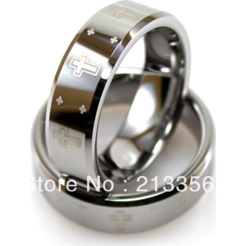 Free Shipping !Wholesales Cheap Price Promotion Sales! USA Hot Selling Mens Promise Tungsten Beveled Ring with Etched Crosses