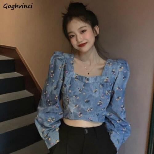 Shirts Women New Autumn Korean Style Cropped Square Collar Elegant Trendy Puff Sleeve French Retro Female Tops Fresh Blouses Ins